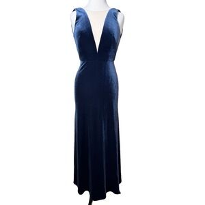 Jenny‎ Yoo Velvet Plunge Gown Sz 0 Navy Blue Formal Maxi Bridesmaid Dress